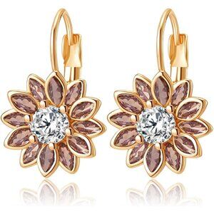 14K Gold Plated Pink Main Crystal Flower Drop Leverback Earrings for Women